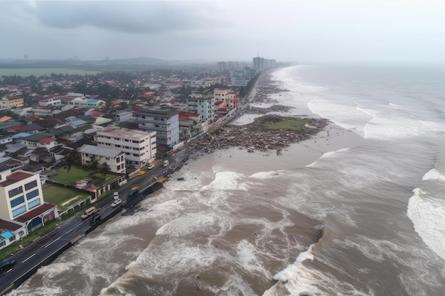 Luchtfoto van tsunami die wijdverspreide vernietiging en overstromingen veroorzaakt in kuststad