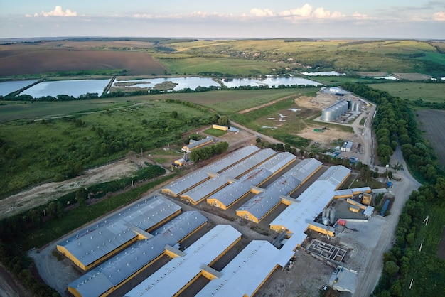 Luchtfoto van veehouderijgebouwen tussen groene landbouwgronden
