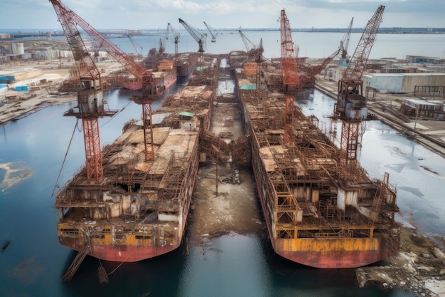 Luchtfoto van verlaten scheepswerf met roestige kranen gemaakt met generatieve AI