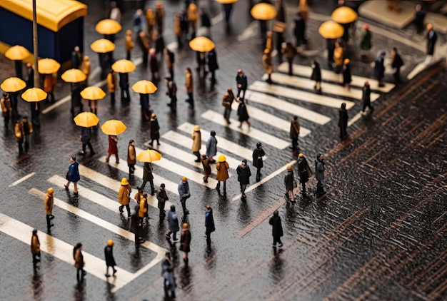 Foto luchtfoto van voetgangers op een straat in de stijl van japanse abstractie