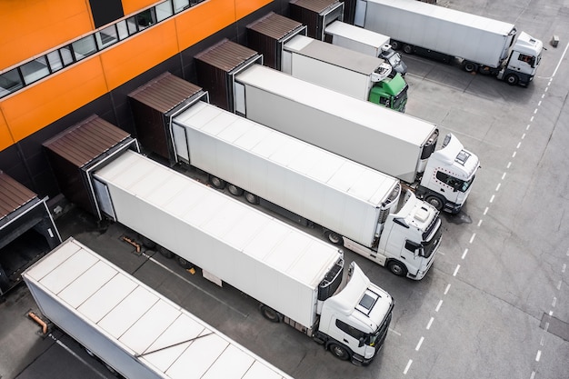 Foto luchtfoto van vrachtwagens die worden geladen in het distributiecentrum