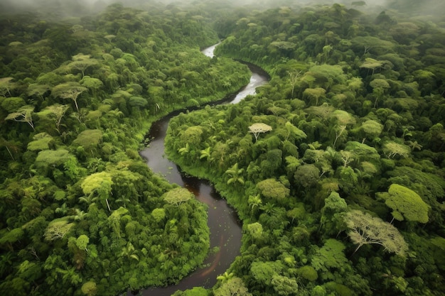 Luchtfoto van weelderig oerwoudlandschap met kronkelende rivier op de achtergrond gemaakt met generatieve ai