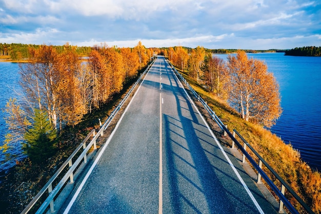 Luchtfoto van weg en bos in herfstkleuren met blauw watermeer in Finland