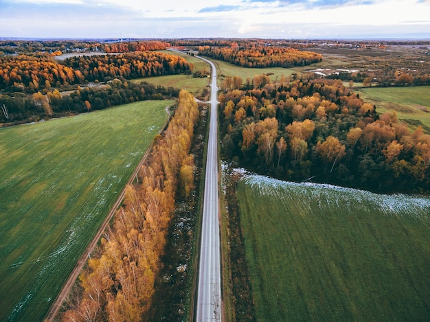 Luchtfoto van weg- en herfstbos met herfstkleurenbomen