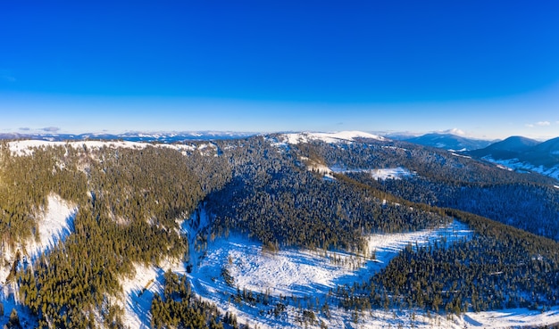 Luchtfoto van winter berghellingen bedekt met sneeuw en sparren bos op een zonnige wolkenloze dag