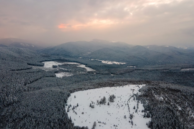 Luchtfoto van winterlandschap met bergheuvels bedekt met groenblijvend dennenbos na zware sneeuwval op koude rustige avond.