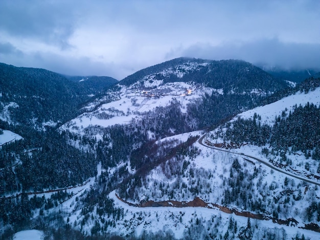 Luchtfoto van Woodlands Blue Hour Winterdag in Giresun, Turkije