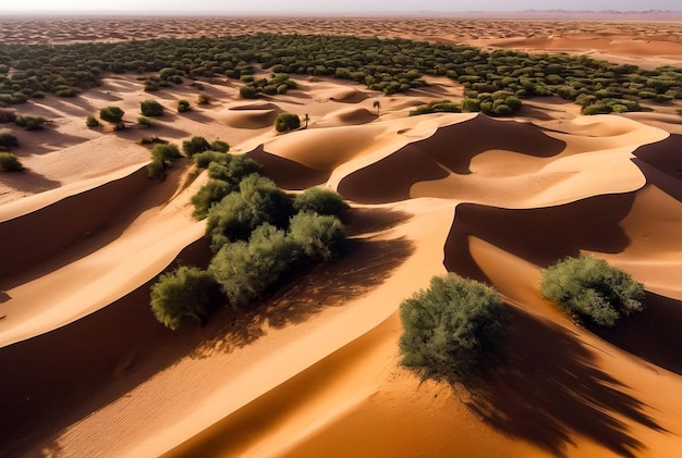 Luchtfoto van zandduinen en bomen in een oase in de Sahara-woestijn