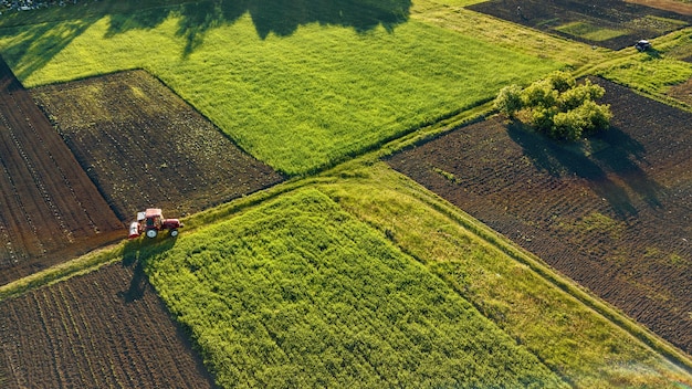 Luchtfoto vanaf de drone, een vogelperspectief van landbouwvelden met een weg erdoorheen