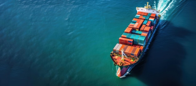 Luchtfoto vrachtschip vervoert containers over open zee banner voor logistiek en transport