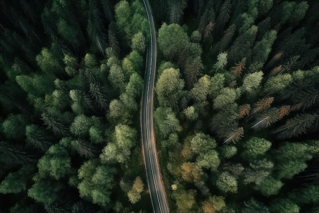 Luchtfoto weg in het middelste bos bovenaanzicht weg door groen bos avontuur ecosysteem ecologie gezonde omgeving road trip reizen