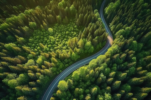 Luchtfoto weg in het middelste bos Bovenaanzicht weg door groen bos avontuur Ecosysteem ecologie gezonde omgeving road trip reizen