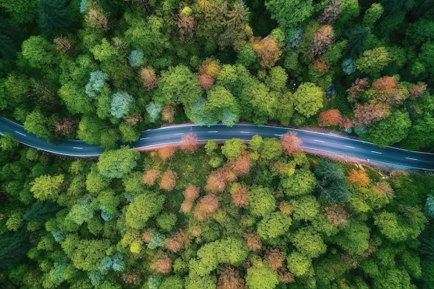 Luchtfoto weg in het middelste bos bovenaanzicht weg door groen bos avontuur ecosysteem ecologie gezonde omgeving road trip reizen