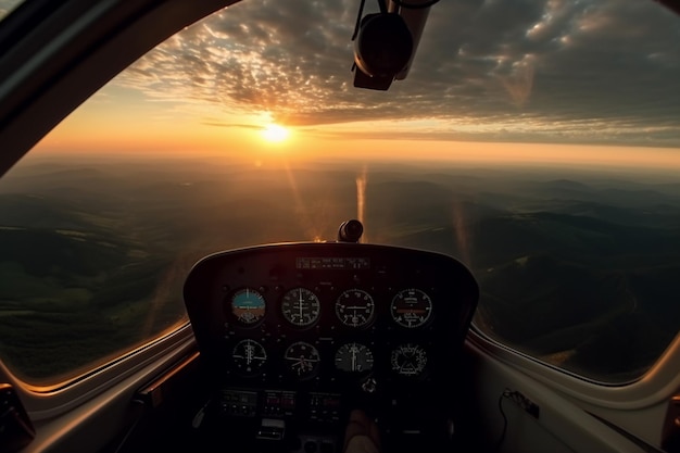 Luchtfoto zonsondergang over de Blue Ridge Mountains vanuit de cockpit van een privévliegtuig Sky