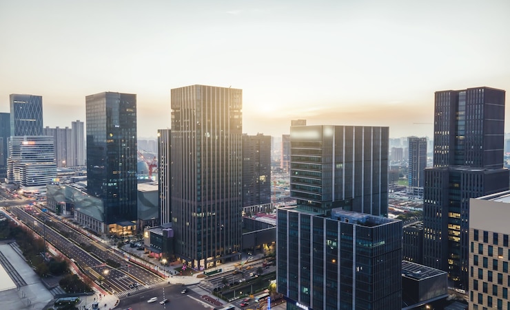 Foto luchtfotografie van de skyline van het landschapsarchitectuur van de stad ningbobo