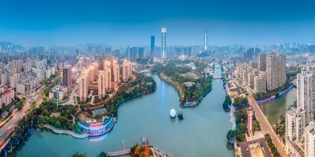 Luchtfotografie wenzhou stad gebouw landschap skyline nacht uitzicht