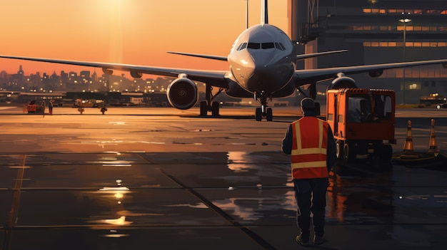 Luchthaven grondpersoneel werknemer controleren vliegtuig op asfalt