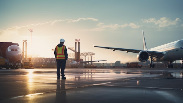 Luchthaven grondpersoneel werknemer controleren vliegtuig op asfalt