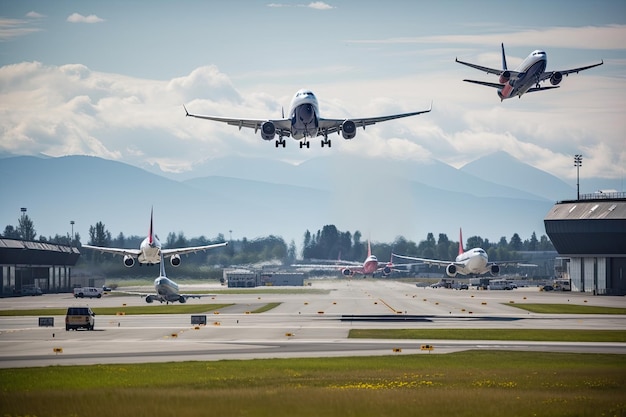 Luchthaven met opstijgende en landende vliegtuigen op de achtergrond gemaakt met generatieve AI