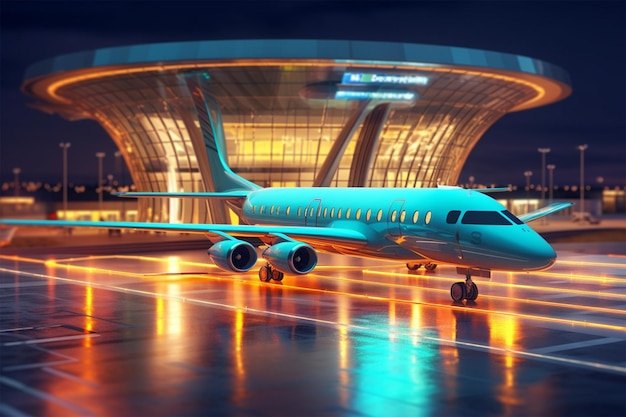 luchthaven nacht luchtvervoer 3D-rendering en illustratie