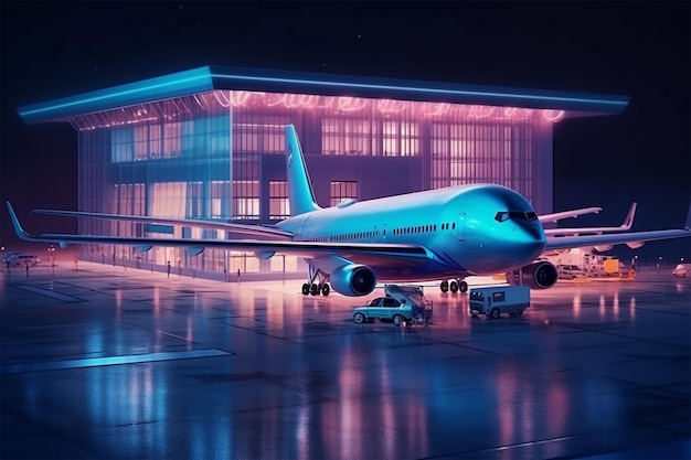 luchthaven nacht luchtvervoer 3D-rendering en illustratie