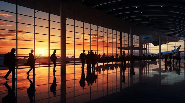 Luchthavenpassagiers in Pudong in Shanghai binnen het terminalsilhouetconcept