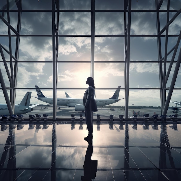 Luchthavenzakenman die uit een groot venster van de luchthaventerminal kijkt naar de vliegtuigen generatieve ai
