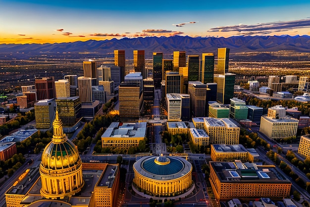 Luchthommelfoto Verbluffende gouden zonsondergang boven de Colorado State Capital Building Amp Rocky Mo