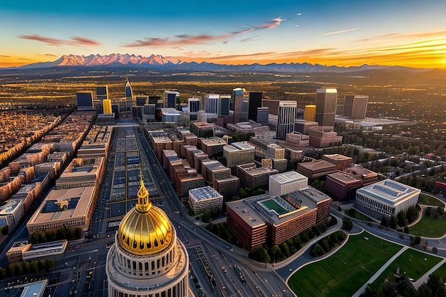 Luchthommelfoto Verbluffende gouden zonsondergang boven de Colorado State Capital Building Amp Rocky Mo
