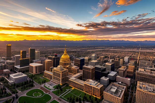 Luchthommelfoto Verbluffende gouden zonsondergang boven de Colorado State Capital Building Amp Rocky Mo