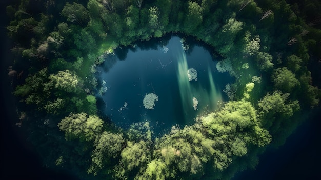 Luchtlandschap van een meer midden in een bos Moeder natuur Generatieve ai