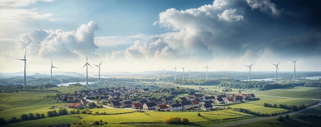 Luchtlandschap van het Franse platteland met een dorp en windturbines lichte ochtendnevel