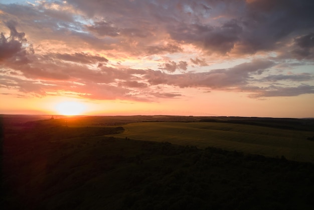 Luchtlandschapsmening van geel gecultiveerd landbouwgebied met rijpe tarwe op trillende zomeravond