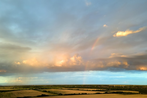 Luchtlandschapsmening van geel gecultiveerd landbouwgebied met rijpe tarwe op trillende zomeravond