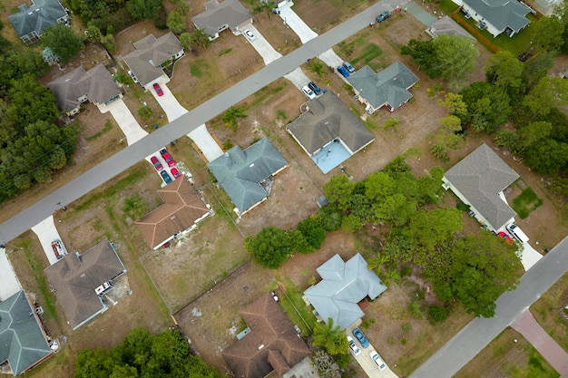 Luchtlandschapsmening van privé-huizen in de voorsteden tussen groene palmen in het landelijke gebied van florida