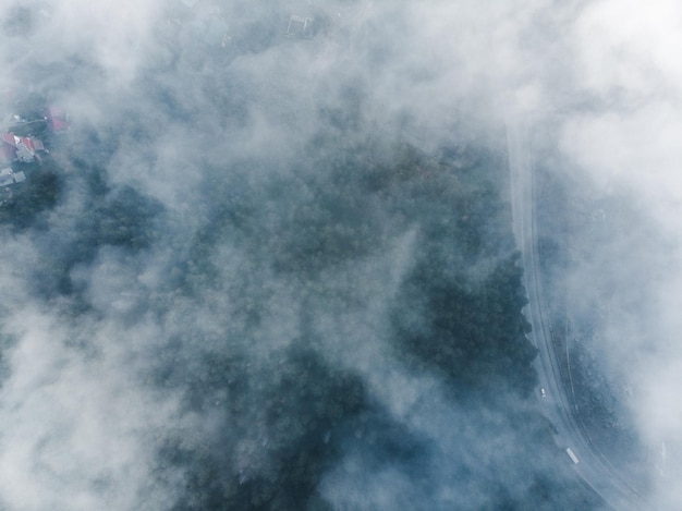 Luchtmening van wolken over bos in bergen