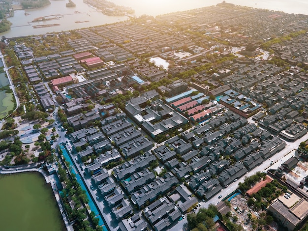 Luchtpanorama van de oude stad Dongchang in Liaocheng, provincie Shandong