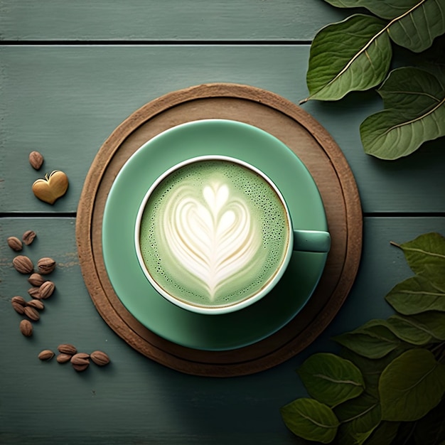 Luchtperspectief van een hartvormige latte art in een mooie tint salie Generative AI