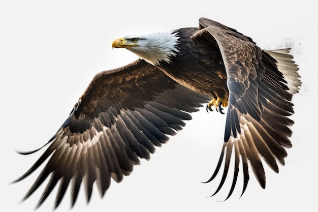 Luchtperspectief van een stijgende bald eagle witte achtergrond