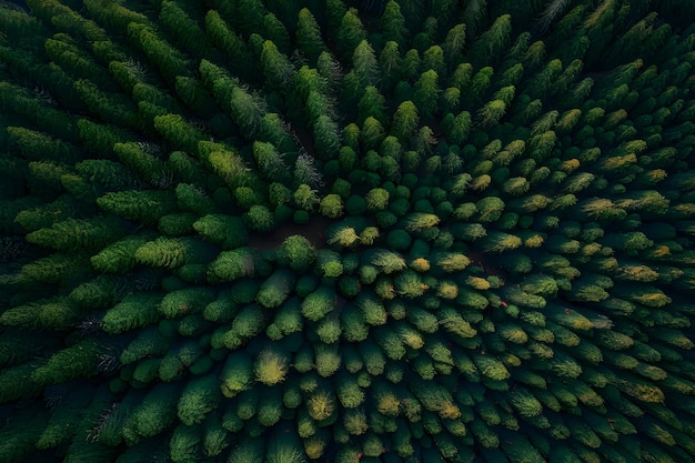 Luchtperspectief vangt het dichte dennenwoud in levendige groene tinten op