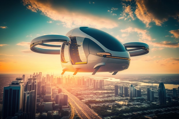 Luchtvoertuig vliegt boven het stadsbeeld Vliegende auto van het toekomstige Air Car Concept