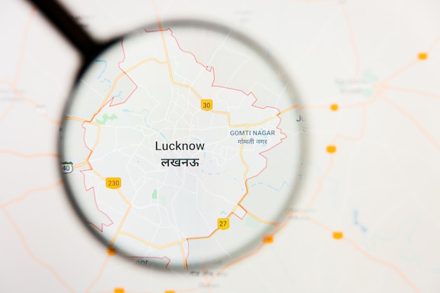 Lucknow, India stad visualisatie illustratief concept op het beeldscherm door vergrootglas