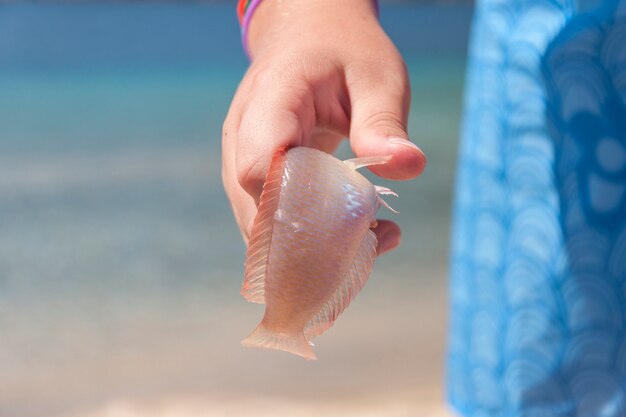 Photo lucky boy holding small fish catch.