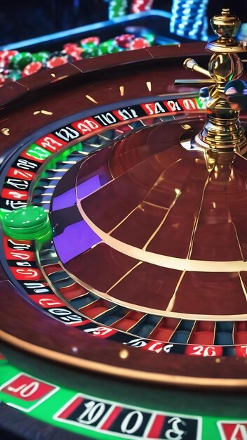 Foto lucky casino roulette wiel en chips met futuristische blauwe en groene neon lichten 3d illustratie