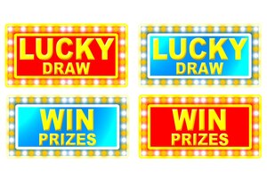 Photo lucky draw and win prizes typographic on glowing banner