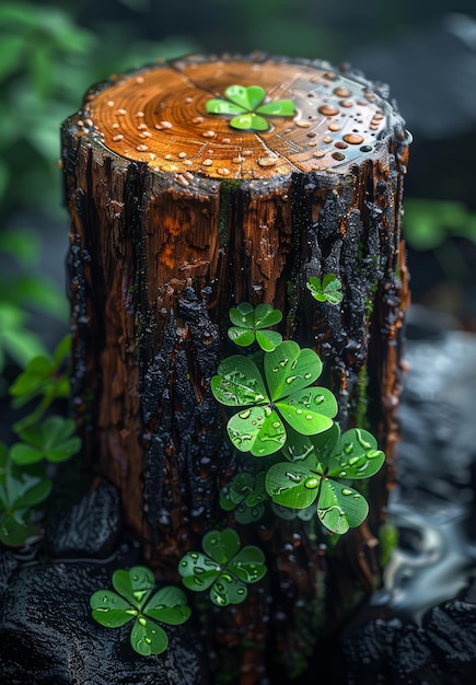 lucky four leaf clover growing on tree stump