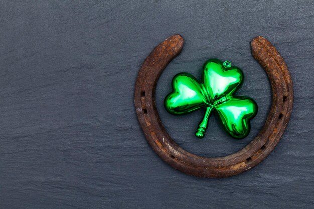 lucky horse shoe with st patrick's day green clover decorations