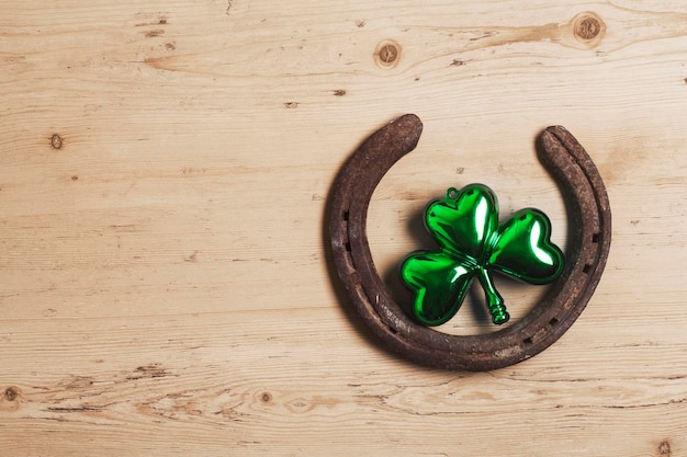 lucky horse shoe with st patrick's day green clover decorations