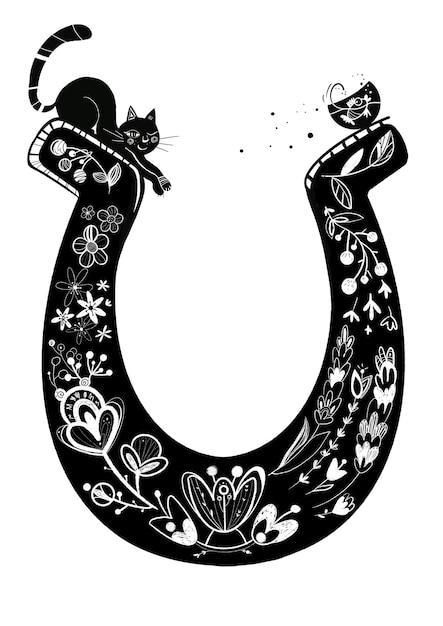 Lucky horseshoe with cat isolated illustration