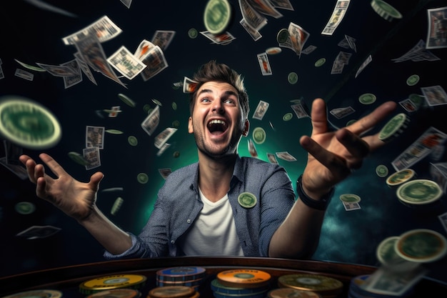 Photo lucky person win big jackpot from gambling in casino comeliness